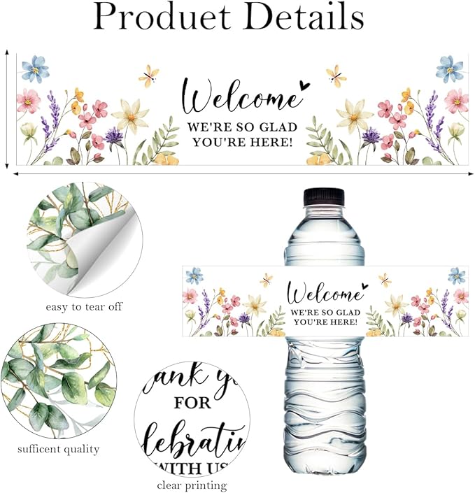 100PCS Wedding Water Bottle Labels Waterproof Greenery Floral Wraps Sticker for Water Bottle Baby Shower Bottle Label for Bridal Shower Party Welcome (Wildflowers)