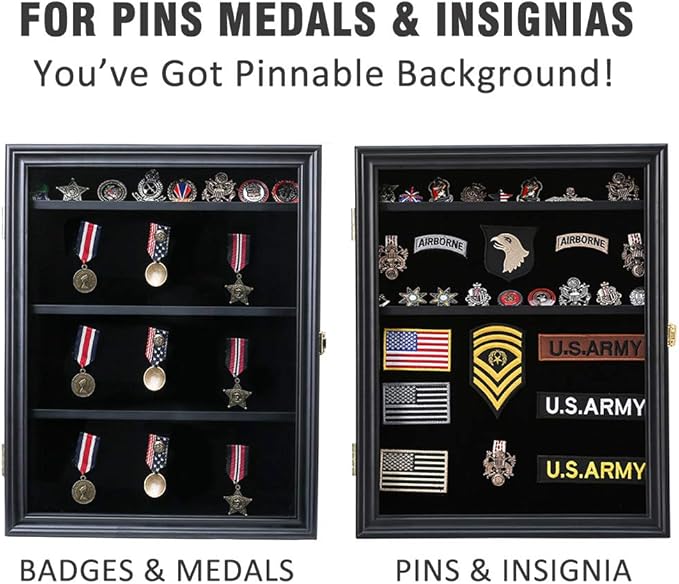 Military Challenge Coin Medals Pins Collector Display Case Lockable Wall Frame Wood Cabinet Black Shadow Box with Removable Shelves and Pinnable Background for Badges Patches Insignia Ribbons Brooches
