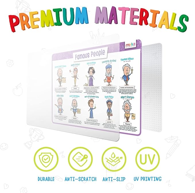 merka Periodic Table of Elements Placemat Set - 17 x 11 in, Multicolor, 4-Pack - Washable Silicone Learning Placemats for Kids Educational Dining & Kitchen Use - Includes US Map & President Info