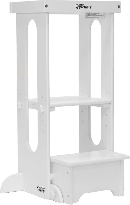 Little Partners Foldable Toddler Tower, Learning Tower Explore 'N Store Montessori Standing Kitchen Tower with Folding Step Stool Platform for Cooking and Learning, Ages 2+ (Soft White)
