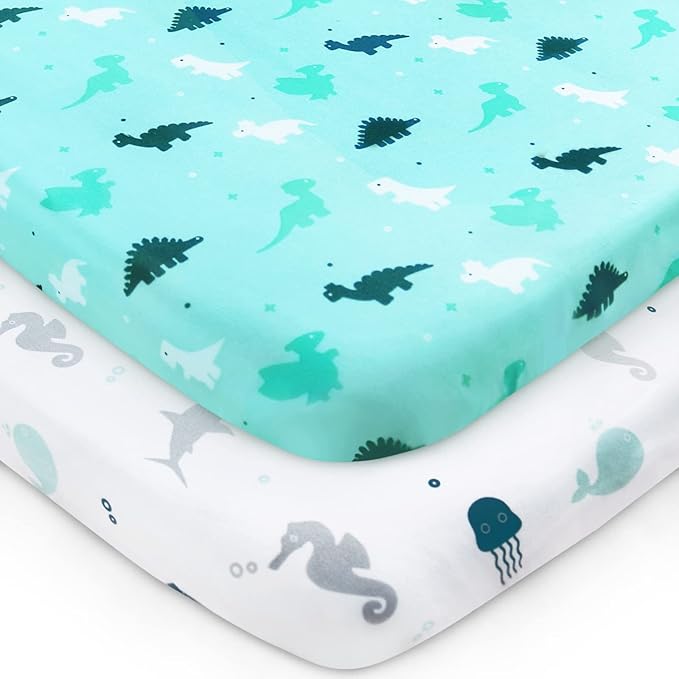 Pack and Play Sheets Fitted, Mini Crib Sheets 2 Pack, Playard Sheets Compatible with Graco Pack n Play, Ultra Soft Breathable Material, Dinosaurs