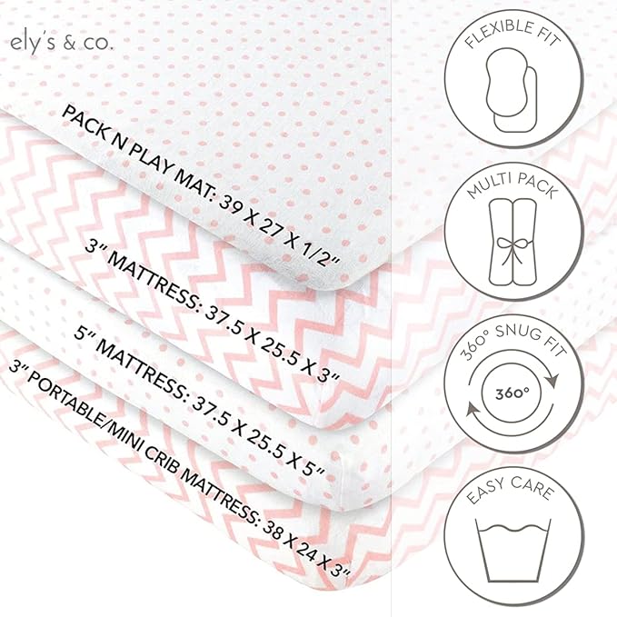 Ely's & Co Pack n Play , Portable mini Crib Sheet Set 100% Jersey Cotton Pink Chevron and Polka Dots for Baby Girl, 2 Pack