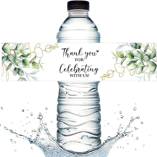 100PCS Wedding Water Bottle Labels Waterproof Greenery Floral Wraps Sticker for Water Bottle Baby Shower Bottle Label for Bridal Shower Party Thanks (Eucalyptus)