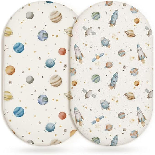 Bassinet Sheets for Baby Girls Boys 2 Pack, Fitted Baby Mattress Sheet for Rectangle, Oval, Hourglass Bassinet Mattress, Breathable Cozy & Universal Fit (Stellar Adventure)