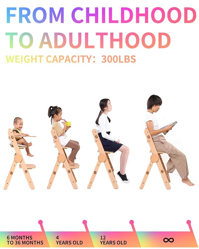 Toddler High Chair Wooden, Baby Highchair with Adjustable Tray and Foot Rest, Folding Wood High Chair for Dining, 6 Months up to 300 Lb
