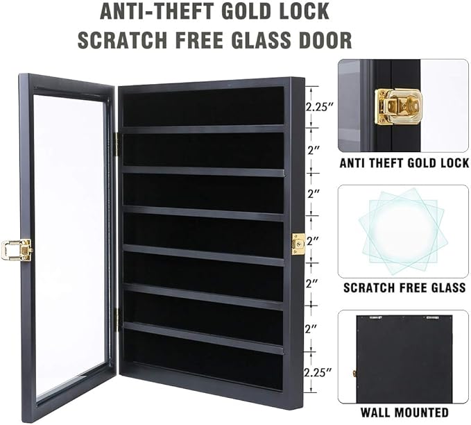 Military Challenge Coin Medals Pins Collector Display Case Lockable Wall Frame Wood Cabinet Black Shadow Box with Removable Shelves and Pinnable Background for Badges Patches Insignia Ribbons Brooches