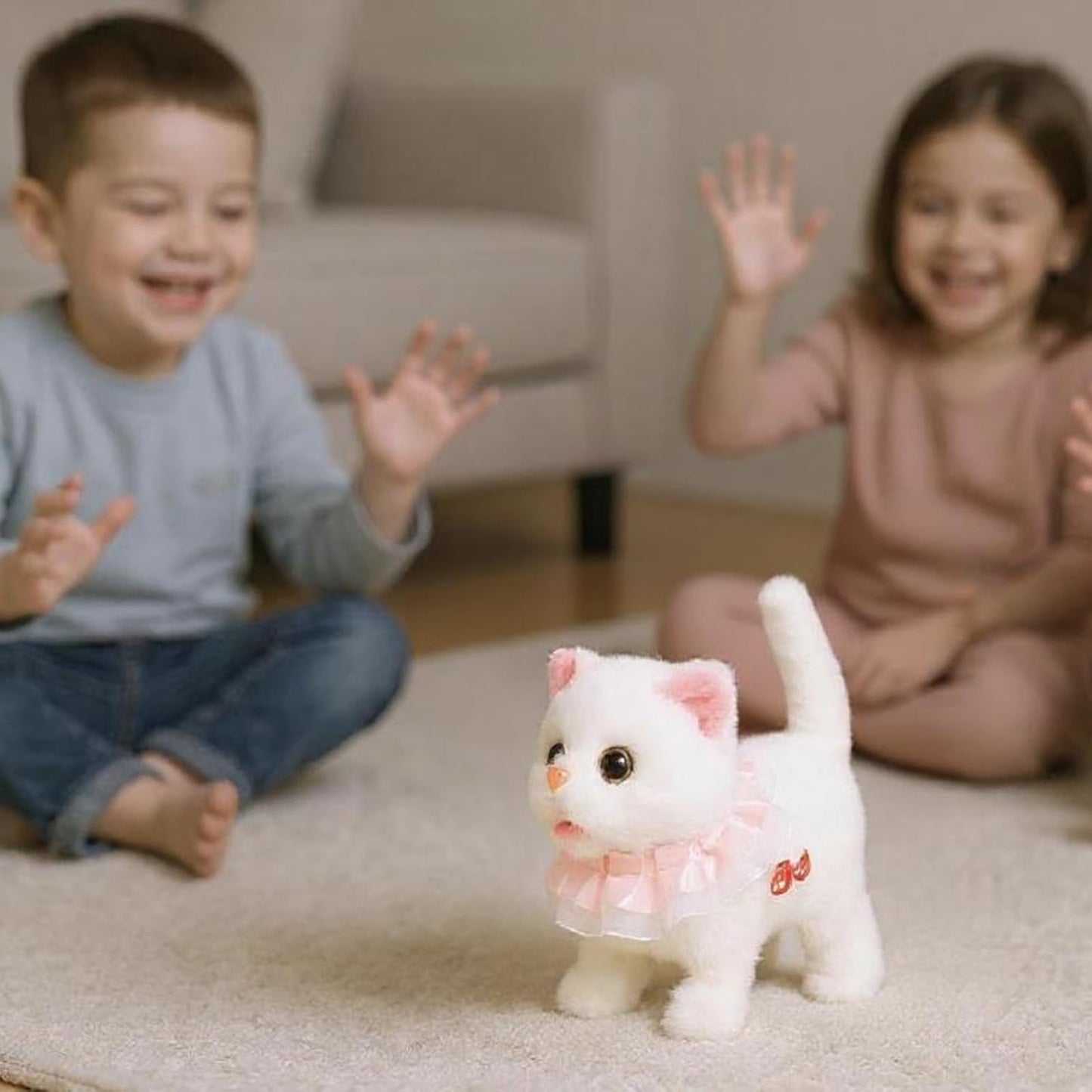 Easfan 7" Walking Plush Kitty Toy Stuffed Animal Electric Interactive with Dress Talking Musical Cute Plush Toy White Cat Tail Wagging Christmas Birthday Gifts for Kids Toddlers