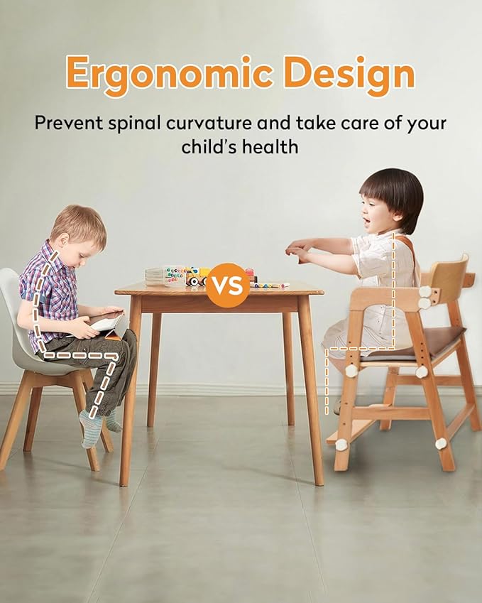 Wooden High Chair for Toddlers, Children Highchairs with Adjustable Cushion and Steps, Kids Wood High Chair for Dining Eating and Studying, from 3 Years up to 300 Lbs