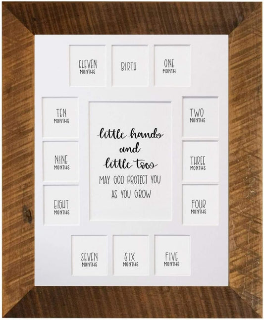 Rustic Red Door Co. Baby's First Year Picture Mat - Barnwood Frame - Little Hands and Little Toes Photo Collage - 13 Picture Slots - Newborn to One Year Birthday - Watch Your Baby Grow (White Mat)