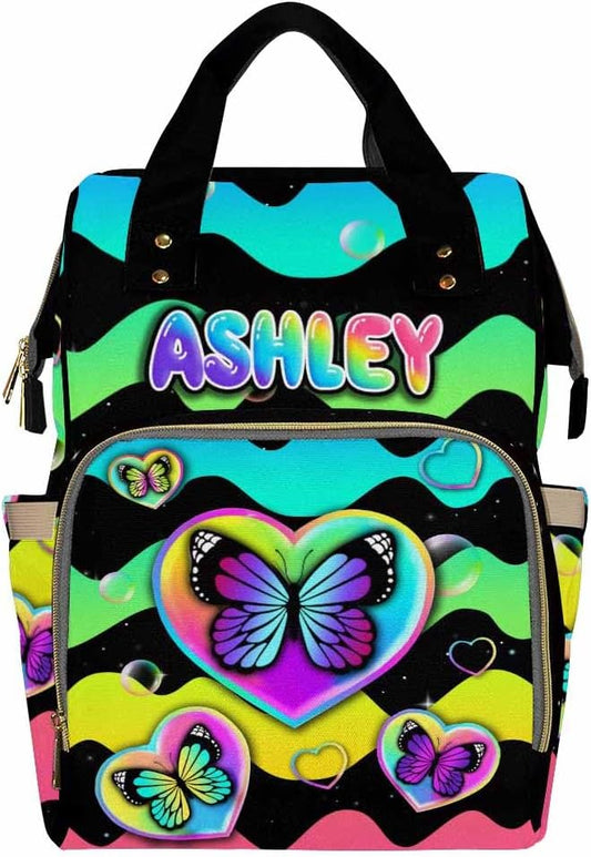 D-Story Custom Diaper Bag Baby Backpack Expandable For Mom Baby Mommy Daypack Expandable For Mothers Day Gift For Mothers Day Gift Custom Newborn Bags, Rainbow Butterflies