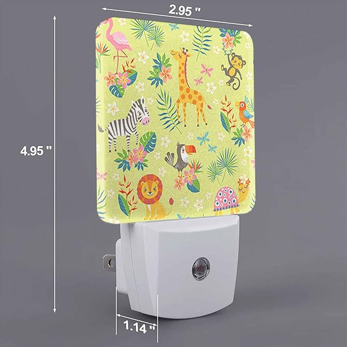 LED Night Light,Cute Cartoon Tropical Animals On Green LED Night Light Plug into Wall with Dusk to Dawn Light Sensor White Energy Efficient Nightlight for Bedroom Bathroom Hallway Living Room Kitchen