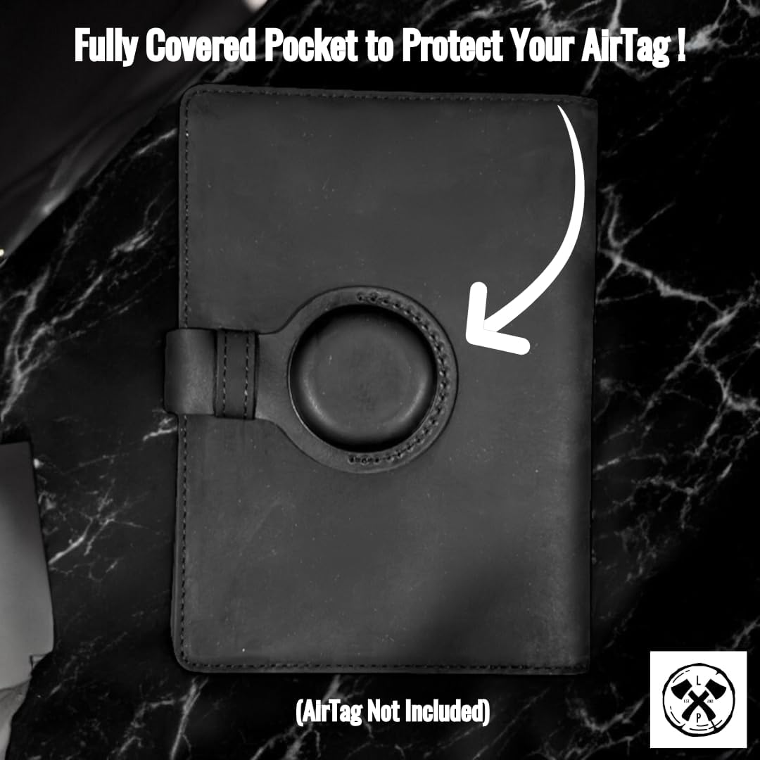 Genuine Leather AirTag Passport Holder and Wallet for Men and Women RFID Blocking for Secure Traveling and Documentation Organizer (Black)