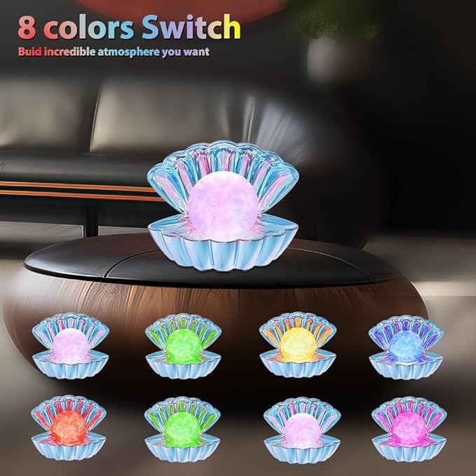 Shell Pearl Beach Themed Night Light, RGB 8 Colors Changing Mood Shell Pearl Lamps, Bedside LED Clamshell Portable Night Lights for Bar (Electroplating Blue)