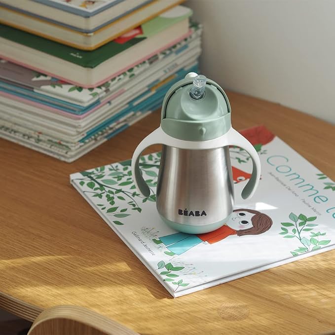 Beaba Stainless Steel Straw Sippy Cup, Insulated Toddler Cups Spill Proof with Removable Handles, Made with High Grade Stainless Steel, 8+ Months, 8 oz (250mL), (Sage)