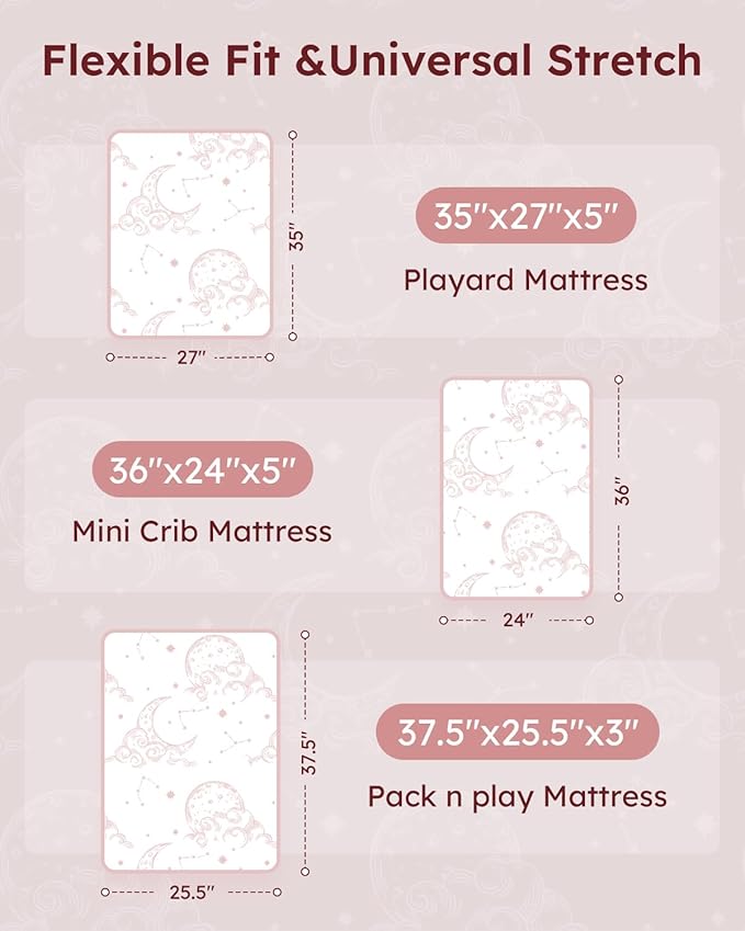 Pack and Play Sheets Fitted 3 Pack, Mini Crib Sheets for Pack N Play Mattress Stretchy Portable Playard Sheets, Soft Breathable Pink White Moon