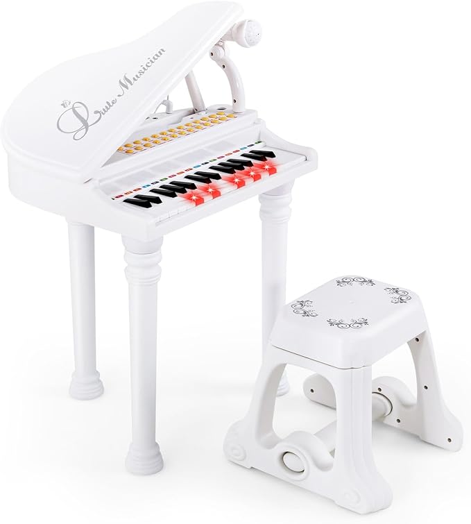 Costzon Kids Piano, 31 Key Mini Grand Piano Toy Keyboard with Microphone, Stool & Lights, Portable Electronic Piano Educational Musical Instrument Toy, Birthday Gift for Toddler Boys Girls (White)