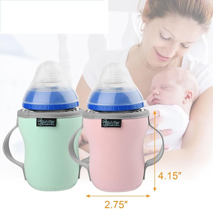 Beautyflier Glass Baby Bottle Sleeve Covers for 9oz Nature Baby Bottles with Dual Handle, 3.8mm Thicken Heat and Cold Retention Baby Bottle Sleeve (Pink+Green)