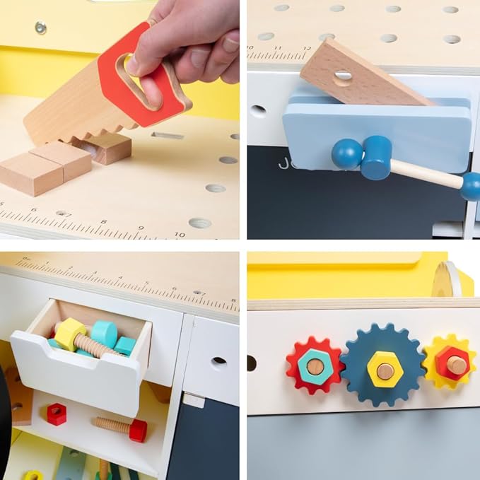 Construction Truck Wooden Playset w 60+ Toy Pieces- Pretend Hammer Saw Bolts & Screws- Spinning Turn Saw, Steering Wheel, Wood to Pull Apart- Dual Sided Play Stand Center, Workbench Building Kids Gift