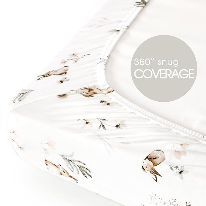 GRSSDER Stretch Ultra Soft Jersey Knit Fitted Pack n Play Sheets Set 2 Pack, Portable/Mini Crib Sheets for Boys and Girls, Stylish Watercolor Rabbit Pattern