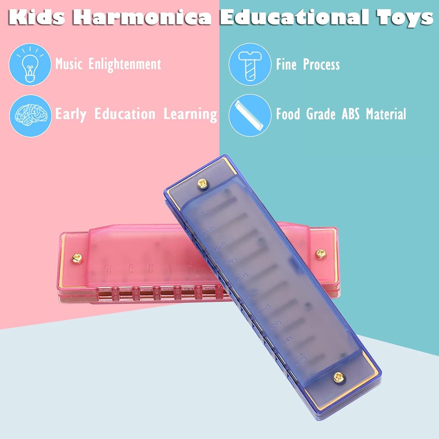 Harmonica for Kids 10 Hole Kids Harmonica, 2 Pack Key of C Blues Harmonica Educational Toy Beginners Toy Musical Instruments for Kids, Children and Toddler (Blue, Pink)