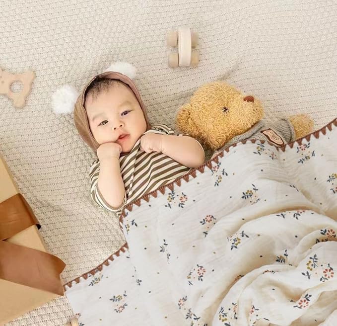 Baby Muslin Cotton Thick Blanket Dotted Backing Double Layer Soft Newborn Receiving Blanket 40x40Inch Flower Pattern