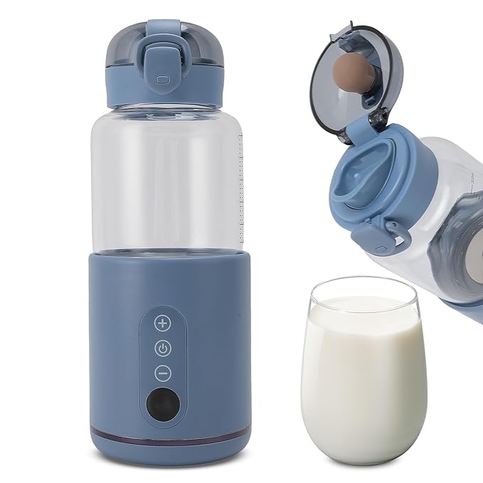 Portable Milk Warmer for Travel, 300ML Capacity, Fast Heating Bottle Warmer for Breastmilk and Formula, Water Warmer Cordless for Cars Airplane Use, 37℃ to 55℃ Temp Control, Blue