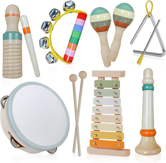 Toddler Musical Instruments Set - Neutral Colors Wooden Montessori Toys Percussion Instruments Musical Toys with Modern Boho Xylophone Tambourine for Kids Preschool Educational 3+ Birthday Gifts