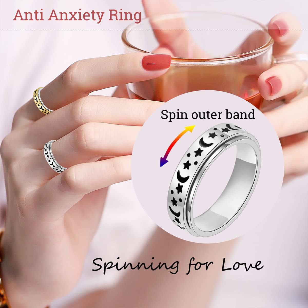 OreilleStar Anxiety Ring for Women Fidget Ring Stainless Steel Fidget Toys Adults Spinner Rings Silver Moon Star Fidgit Rings