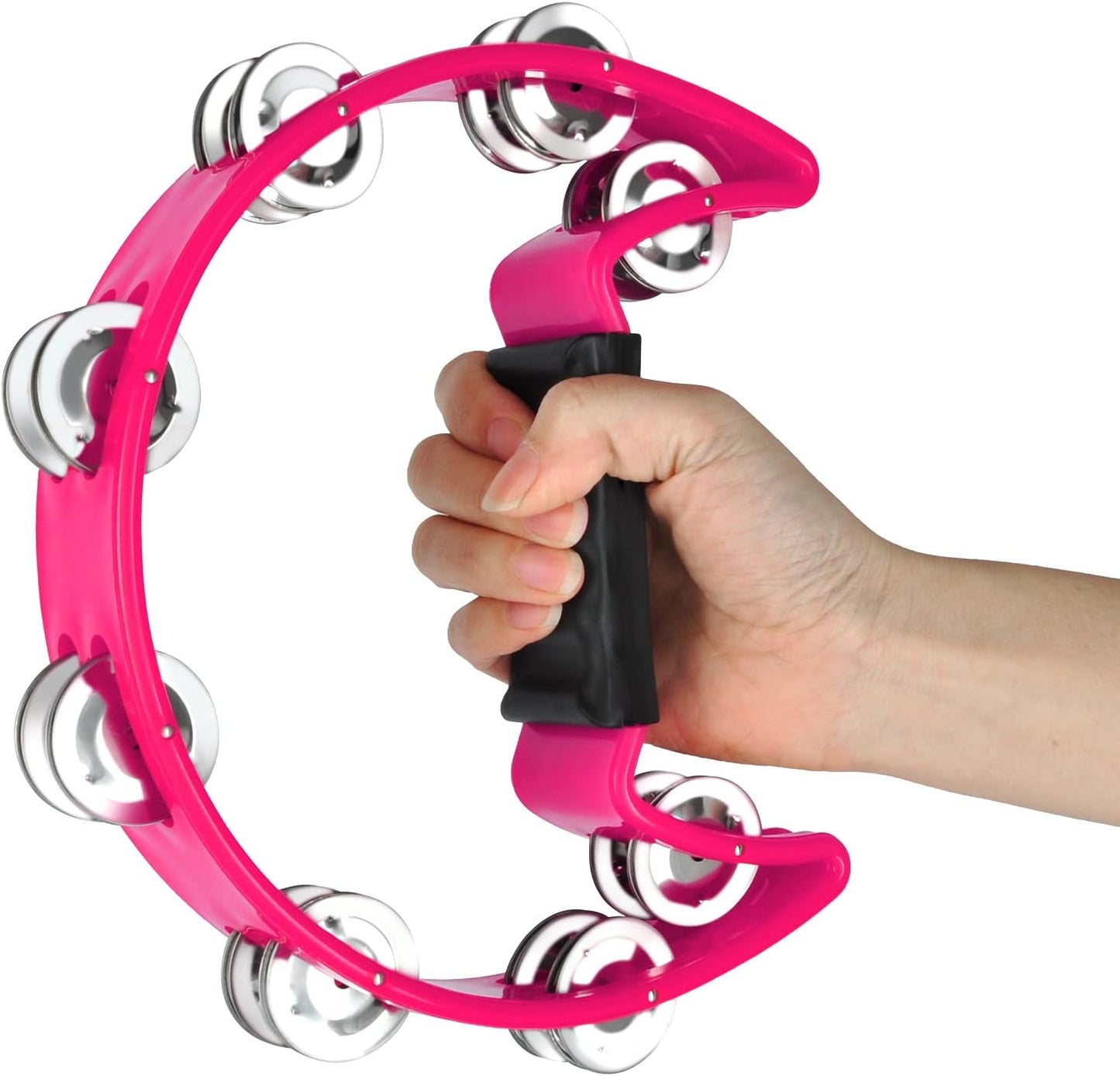 EastRock Tambourine,Metal Jingles Hand Held Percussion-Half Moon Tambourine for Kids, Adults, KTV, Party Pink