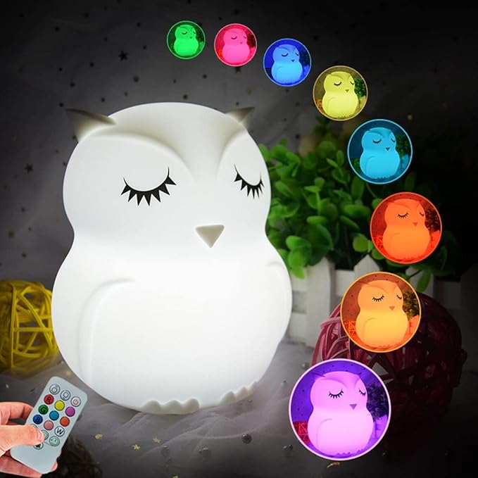 Owl Night Light Baby Bedside Lamp Child, Silicone Nursery Lamp for Breastfeeding Bedroom Mood Lights, Eye Caring, Adjustable Brightness & Color, Time Setting, Holiday Gifts - Medium