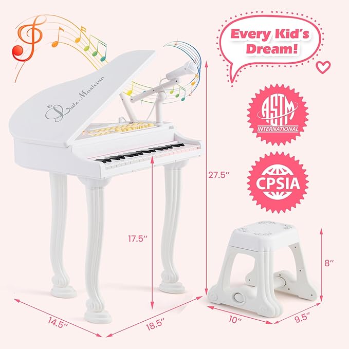 HONEY JOY Classical Kids Piano, 37-Key Toy Mini Grand Piano with Music Stand & Stool, Portable Electronic Educational Musical Instrument Toy w/ Microphone, Lights, Gift for Kids (White, 37 Keys)