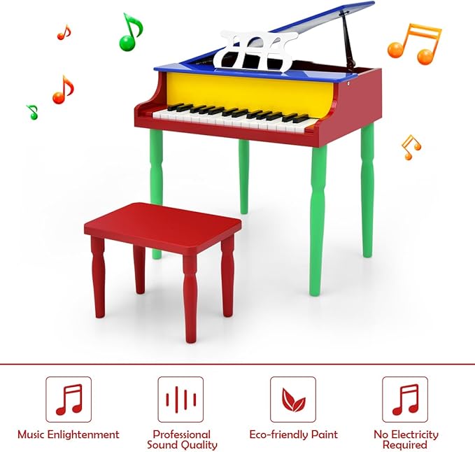 HONEY JOY Classical Kids Piano, 30-Key Mini Grand Piano with Music Stand and Bench, Wooden Musical Instrument Toy w/Lid & Music Rack, Gift for Boys Girls Ages 3+