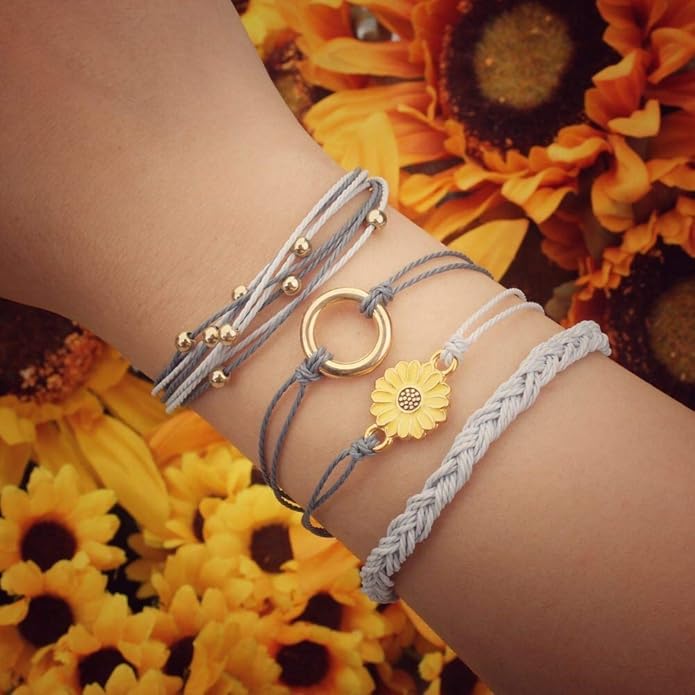 FANCY SHINY Sunflower String Bracelet Boho Braided Rope Wrap Bracelets Cute Summer Beach Surfer Jewelry for Women Christmas Gifts