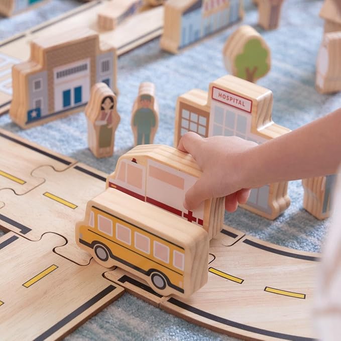 Kaplan Early Learning Community Block Set - 20 Pieces, Wooden Town Building Blocks for Dramatic Play and Storytelling, Includes School, Hospital, Bakery, Vehicles, and More for Toddlers, Ages 2+