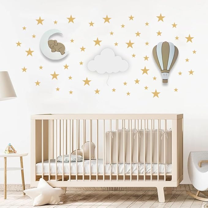 BugyBagy Nursery Wall Lamp Set – 3 Hand Painted Night Lights for Baby Room (Hot Air Balloon, Cloud, Elephant on Moon) + Bonus Wall Stickers – Soft Linen Colors (Beige Theme)