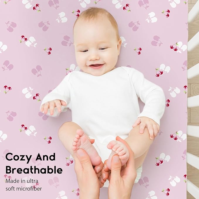 Yoofoss Baby Crib Sheets for Boys Girls, Fitted Crib Sheet 2 Pack for Standard Crib and Toddler Mattress, Super Soft Microfiber Baby Sheet 28x52x8in(Pink+Cherry)