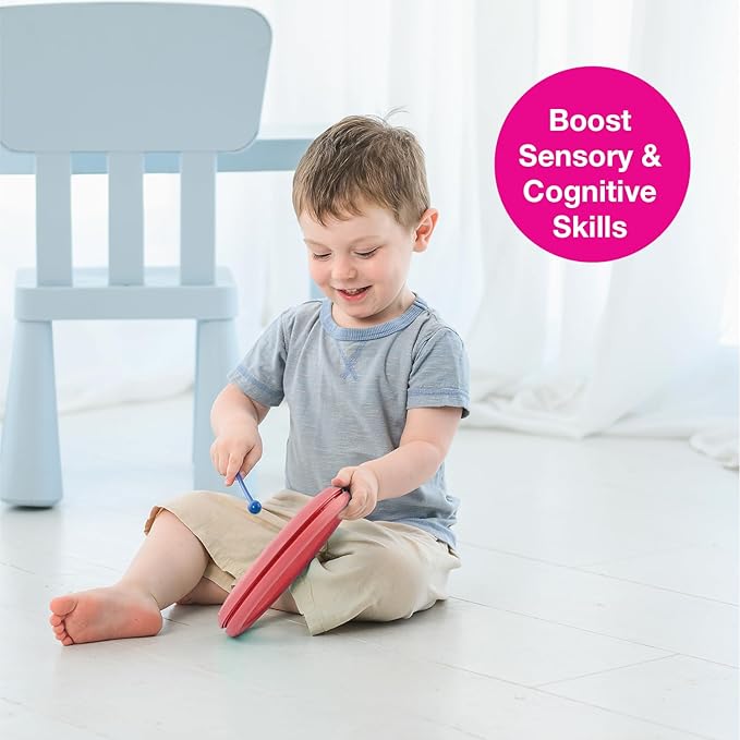 Edushape Classic Flat Drum for Baby with Easy-Grip Mallet - Set of 1 Red Color Baby Drum Toy for Toddlers, 2-Year Old and Up - Small Drums Musical Toy for Babies, Fun Tummy Time, Sensory Development