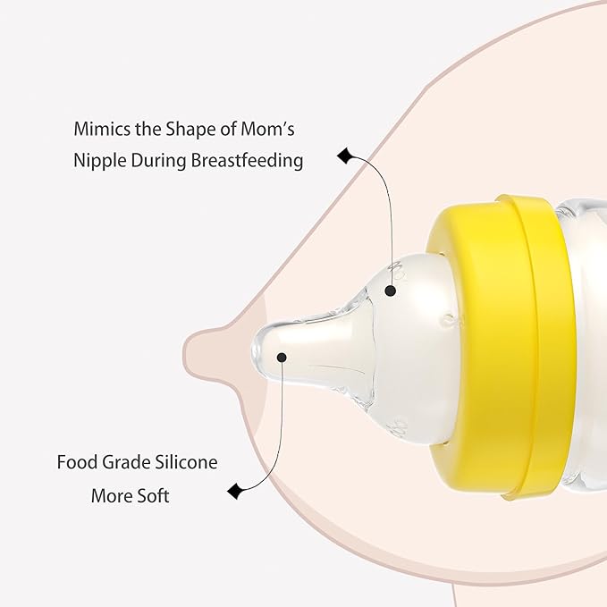YOHKOH Glass Baby Bottles with Slow Flow Nipple, Newborn Anti-Colic Baby Bottles for 0+ Months, Wide Neck Feeding Bottle, Clear (Yellow, 5oz (Pack of 2))