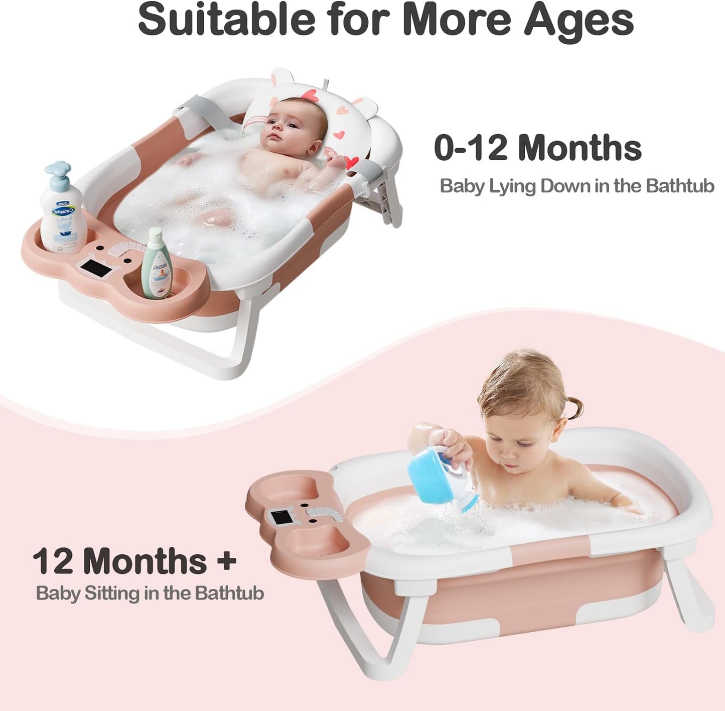 Collapsible Baby Bathtub,Baby Bath Tub with Soft Cushion & Thermometer,Baby Bathtub Newborn to Toddler 0-36 Months,Portable Travel Baby Tub
