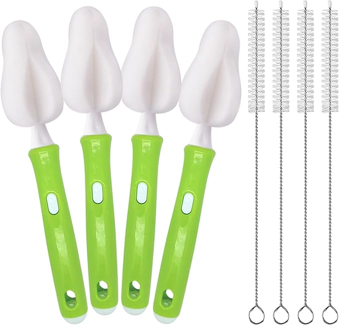 INVODA Nipple Brush 4PCS Sponge Bottle Brushes with 4 PCS Straw Brush Baby Bottle Nipple Cleaner Brush Long Handle Detachable Nipple Brushes (White)