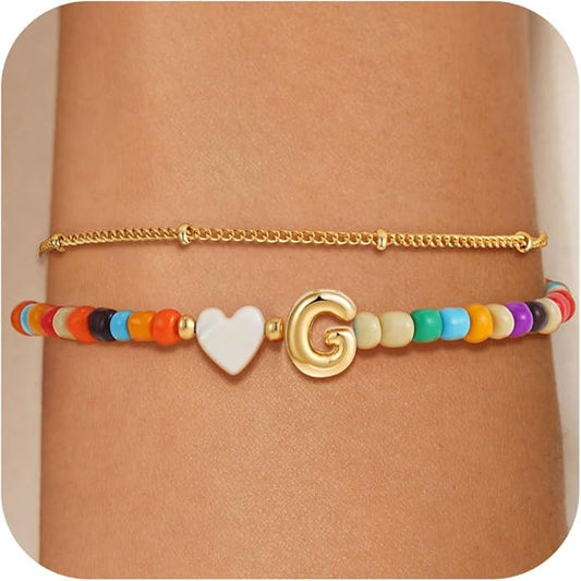Colorful Initial Bracelets for Women Girls - 14K Gold Plated Heart Initial Letter Daint A-Z Charm Bracelet Summer Jewelry Teen Girl Gifts for Teen Kids