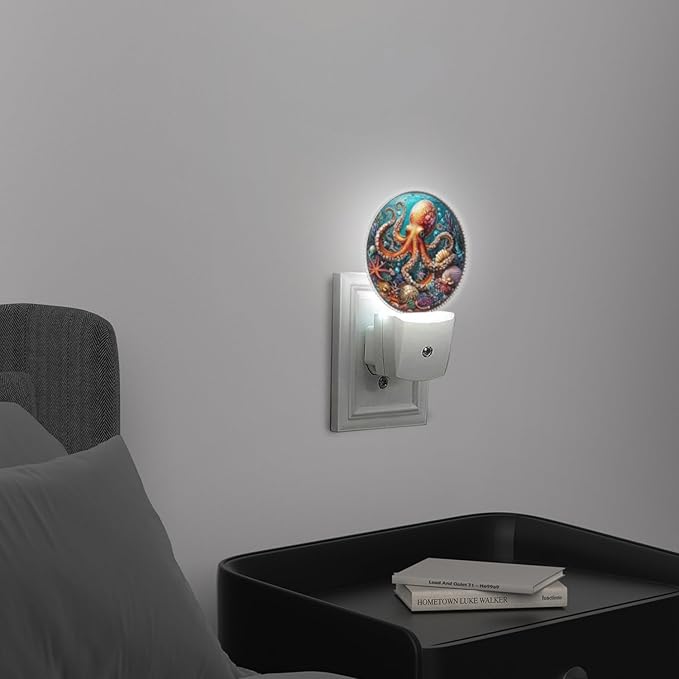 Round LED Night Lights Lamp with Dusk to Dawn Sensor, Red Octopus Surrounded by Underwater Scene Night Light Plug Into Wall for Kids Room, Bedroom, Bathroom, Kitchen, Hallway