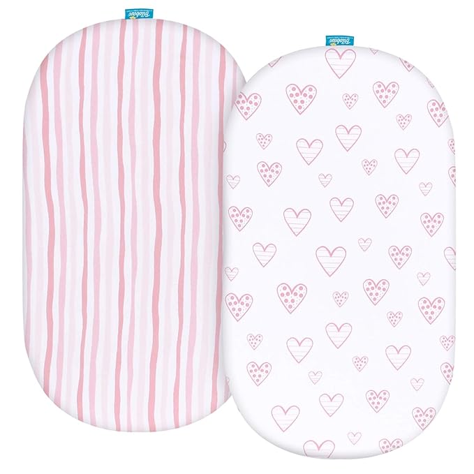 Bassinet Sheets Fit for Oval, Hourglass, Rectangle Bassinet Mattress, 2 Pack 100% Cotton Sheets for Halo, 4moms, Maxi-COSI, Delta, Baby Delight Bassinest, Unisex Fitted Sheet for Baby Girls