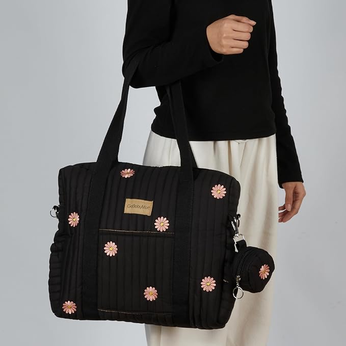 Large Diaper Bag Tote, Maternity Hospital Travel diaper tote, Multifunction baby bag, Baby Nappy Bags, Messenger bag (Medium - Black Flowers)