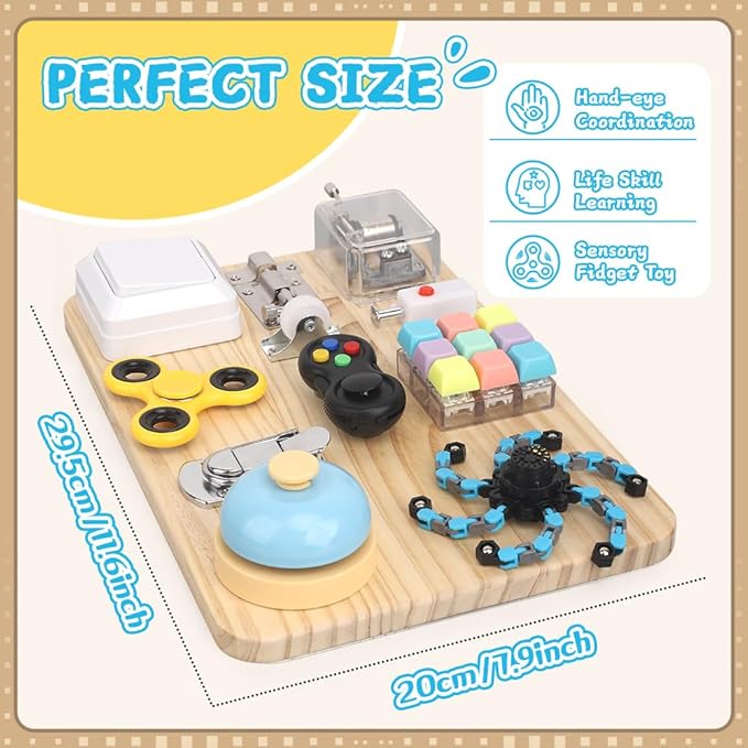 Busy Board for Toddler Kid Early Development, Fidget Sensory Learning Motor Skills Montessori Toy for Age 3 4 5, Busy Pad Fidget Spinner Travel Toy Birthday Gifts Educational Activities for Boy Girl