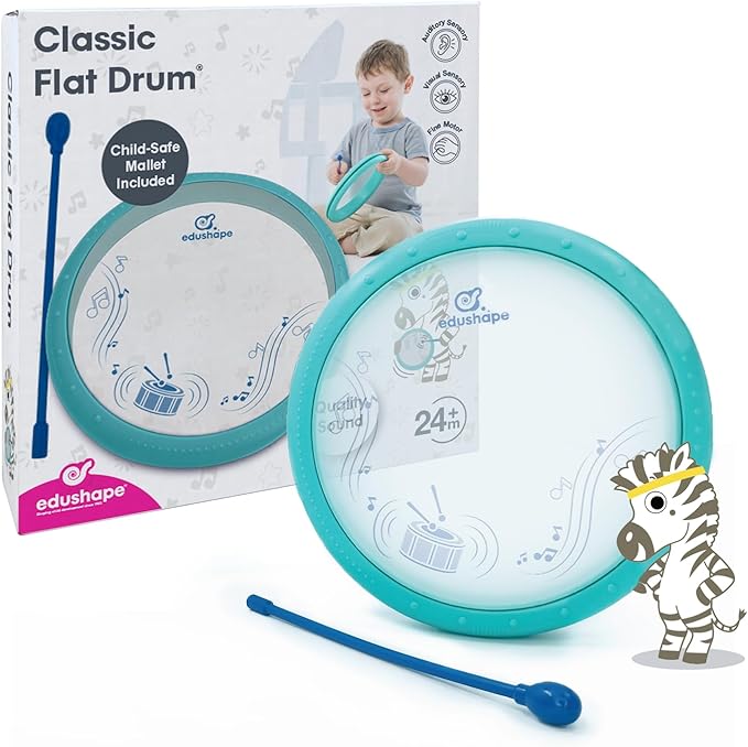 Edushape Classic Flat Drum for Baby with Easy-Grip Mallet - Set of 1 Blue Color Baby Drum Toy for Toddlers, 2-Year Old and Up - Small Drums Musical Toy for Babies, Fun Tummy Time, Sensory Development