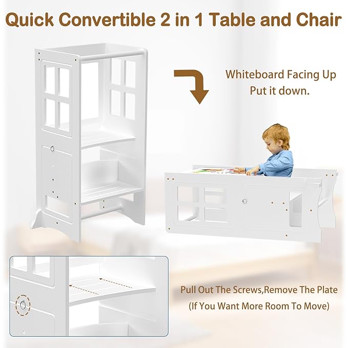4 in 1 Toddler Kitchen Stool Helper Tower, Adjustable-Height Toddler Step Stool with Double-Sided Whiteboard, Anti-Slip Protection, Kids Learning Standing Tower for Kitchen Counter Bathroom Sink
