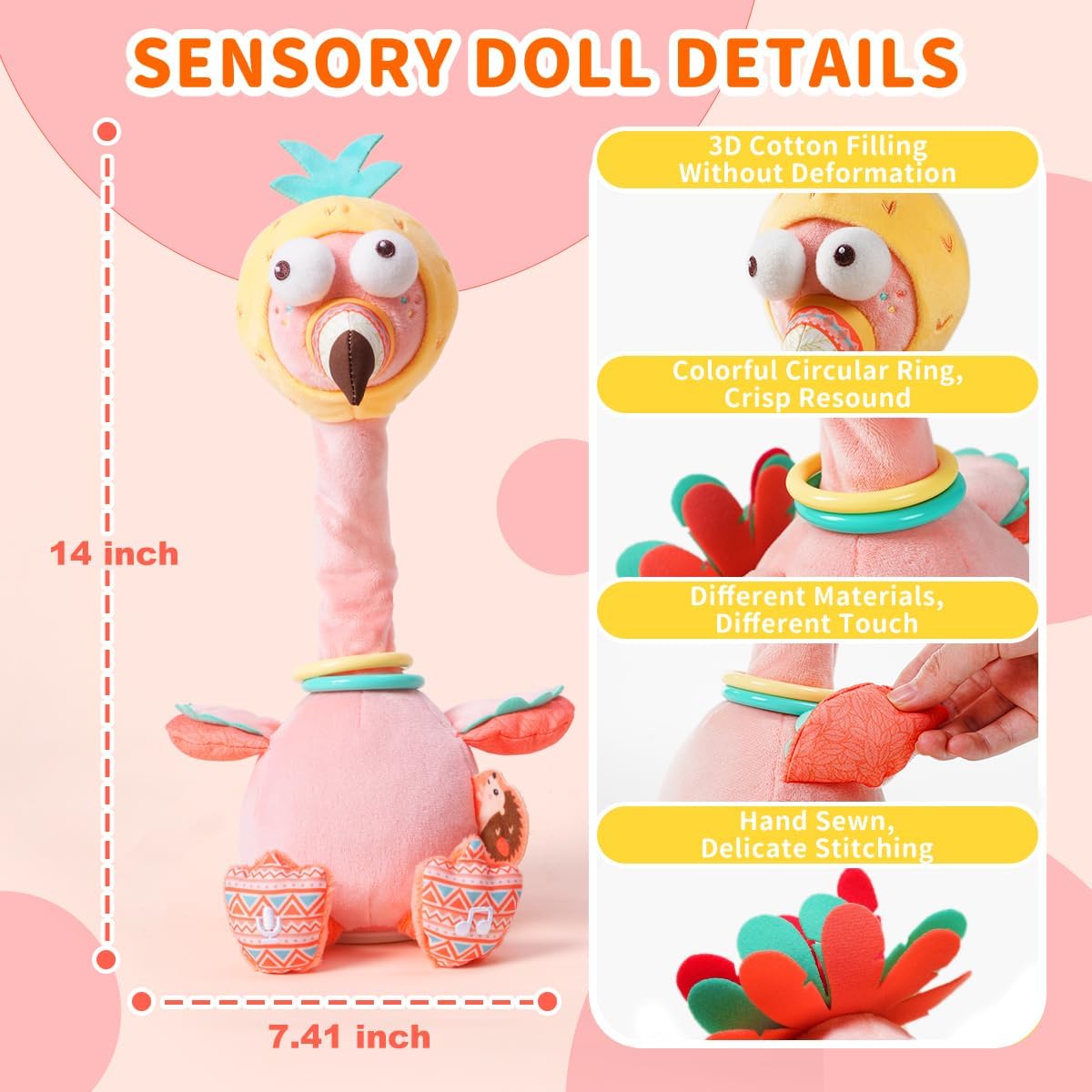 Jollybaby Plush Talking Singing Dancing Musical Flamingo Toy for Toddlers 1-3 Just Like Cactus Toy, Music Mimicking Interactive Toy for Crawling Kids, Sensory Stuffed Toy Gift for Baby 0-6-12 Month