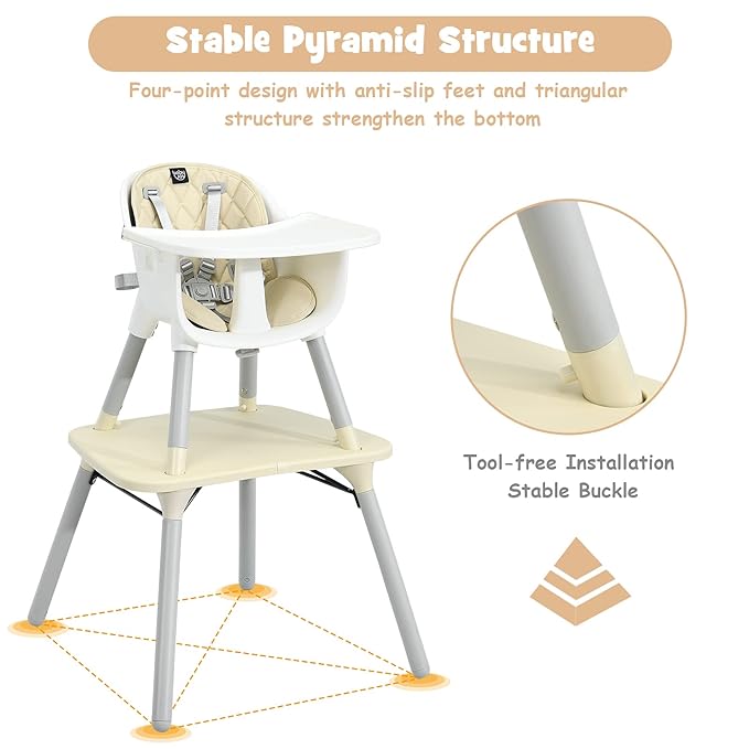 BABY JOY High Chair, 5 in 1 Convertible Highchair for Babies & Toddlers | Booster Seat | Table and Chair Set | Infant Feeding Chair with Removable Tray, Safety Harness, Removable Cushion (Beige)