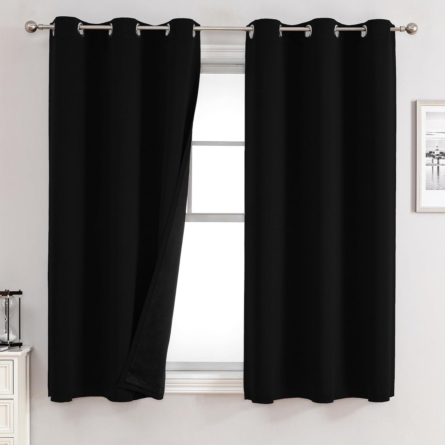 ChrisDowa 100% Blackout Curtains 63 inch Long for Bedroom with Black Liner, 2 Thick Layers Total Blackout Thermal Insulated Grommet Window Curtains 2 Panels Set (Black, 38 x 63 Inch)